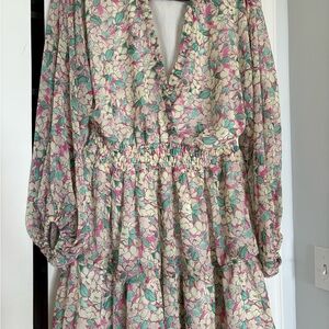 Lavender Brown Floral Dress with Pink and Green Accents